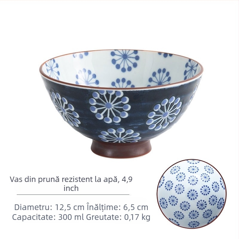 Vas de orez din porțelan Mino Yaki, model cu flori, stil japonez, rotund, compatibil cu microunde