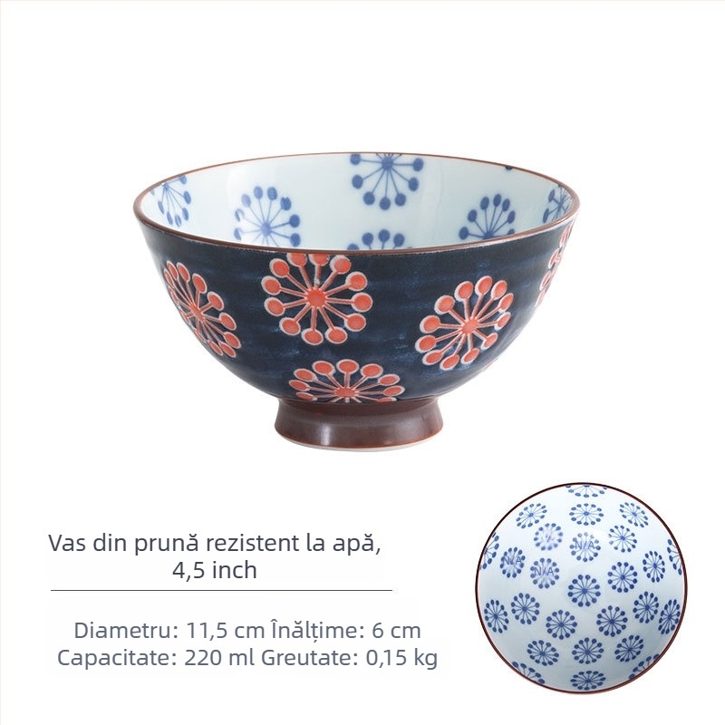 Vas de orez din porțelan Mino Yaki, model cu flori, stil japonez, rotund, compatibil cu microunde