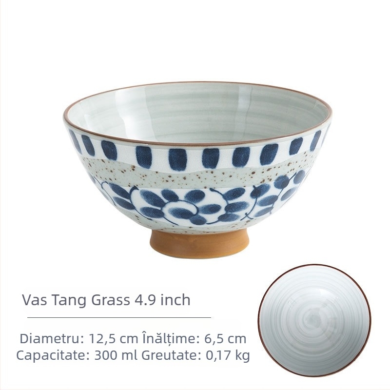 Vas de orez din porțelan Mino Yaki, model cu flori, stil japonez, rotund, compatibil cu microunde