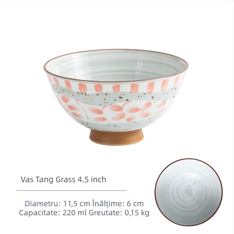 Vas de orez din porțelan Mino Yaki, model cu flori, stil japonez, rotund, compatibil cu microunde