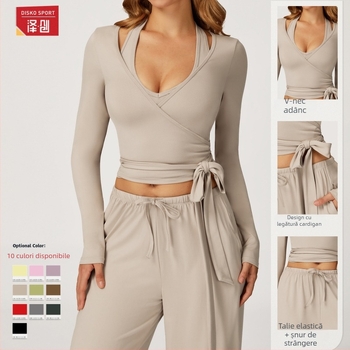 Set de yoga pentru femei, fără mâneci, top cu pantaloni largi, stil pulover; material 90% poliester, 10% spandex; mătase din Coreea de Sud cu textură periată