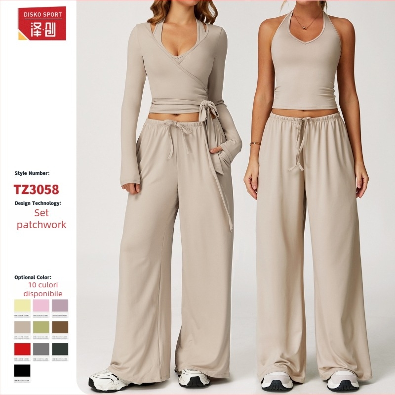 Set de yoga pentru femei, fără mâneci, top cu pantaloni largi, stil pulover; material 90% poliester, 10% spandex; mătase din Coreea de Sud cu textură periată