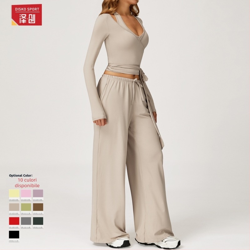 Set de yoga pentru femei, fără mâneci, top cu pantaloni largi, stil pulover; material 90% poliester, 10% spandex; mătase din Coreea de Sud cu textură periată