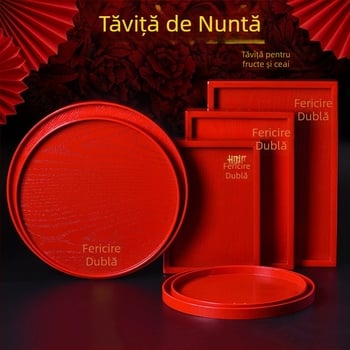 Tava rotundă din lemn – suprafață cu glazură roșie, culoare solidă, logo tipărit, stil nou chinezesc