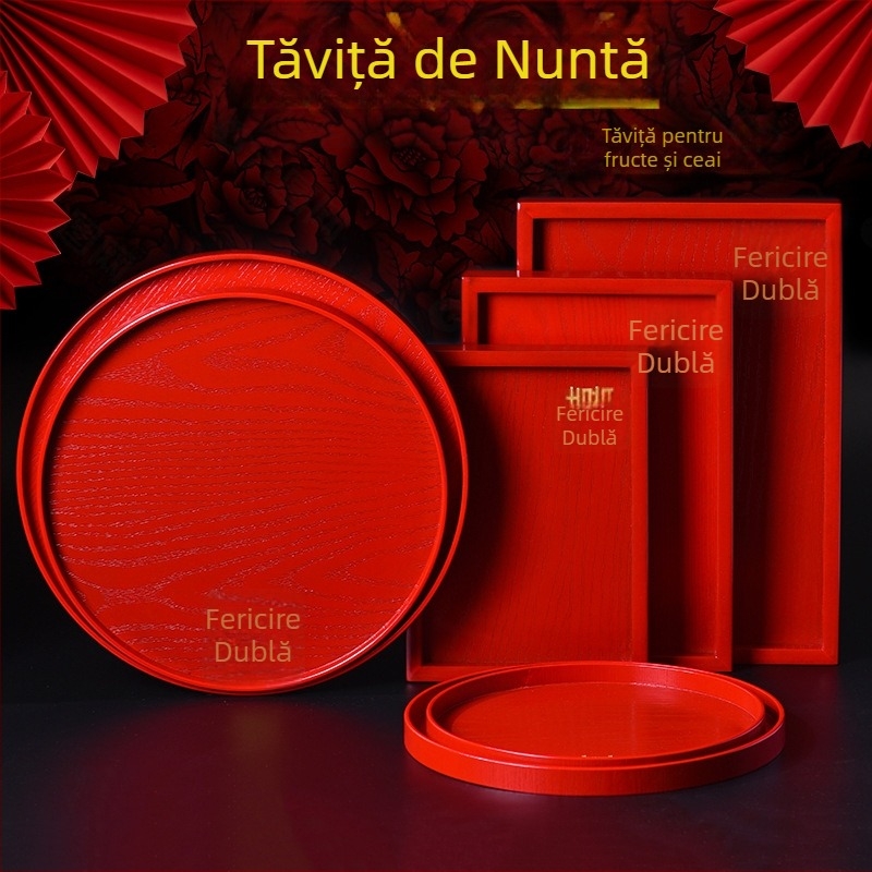Tava rotundă din lemn – suprafață cu glazură roșie, culoare solidă, logo tipărit, stil nou chinezesc