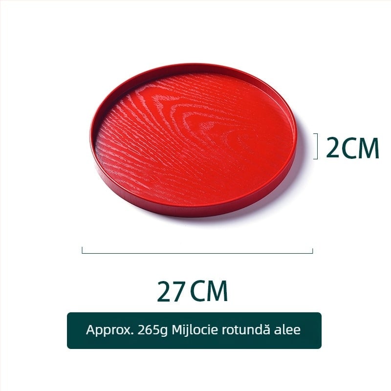 Tava rotundă din lemn – suprafață cu glazură roșie, culoare solidă, logo tipărit, stil nou chinezesc
