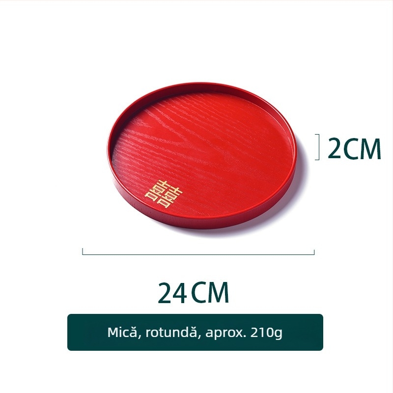 Tava rotundă din lemn – suprafață cu glazură roșie, culoare solidă, logo tipărit, stil nou chinezesc