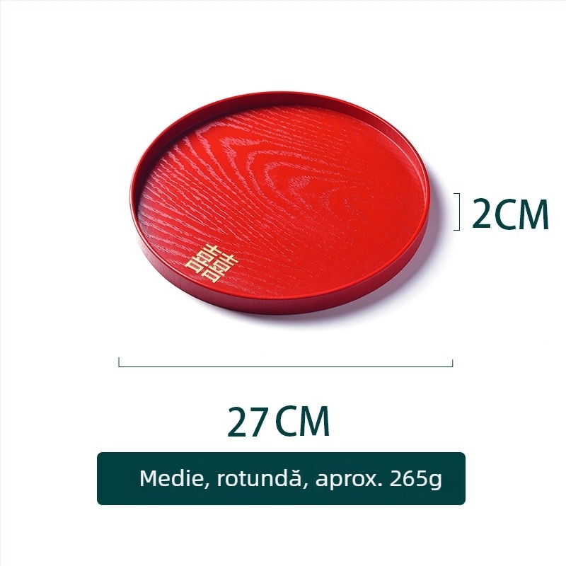Tava rotundă din lemn – suprafață cu glazură roșie, culoare solidă, logo tipărit, stil nou chinezesc