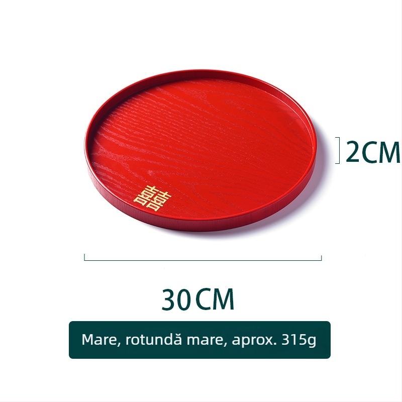 Tava rotundă din lemn – suprafață cu glazură roșie, culoare solidă, logo tipărit, stil nou chinezesc