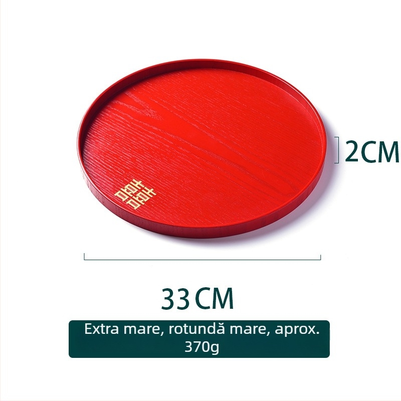 Tava rotundă din lemn – suprafață cu glazură roșie, culoare solidă, logo tipărit, stil nou chinezesc