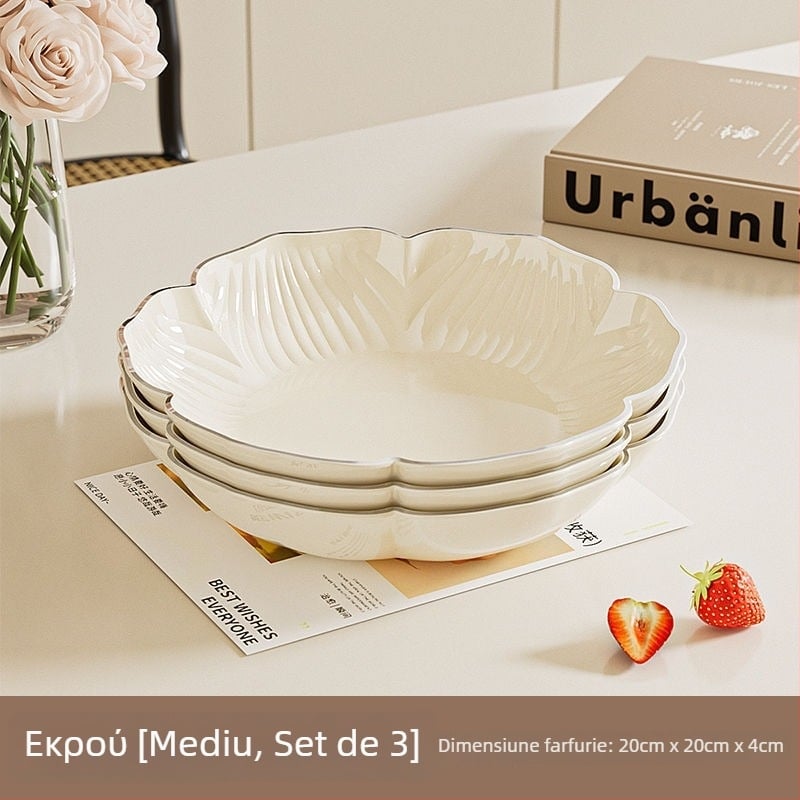 Set de farfurii pentru fructe din plastic PET – formă de floare, stil crem, design modern pentru living