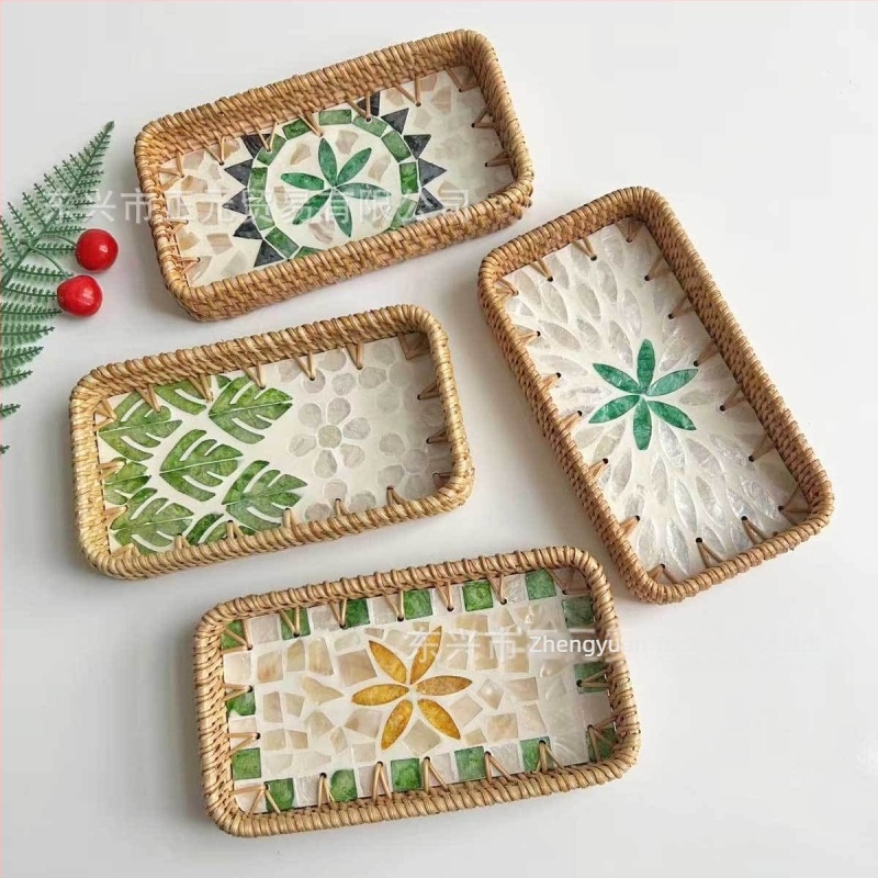 Farfurie de fructe vietnameză din ratan cu scoică, tavă mică dreptunghiulară, stil simplu, lux retro ușor