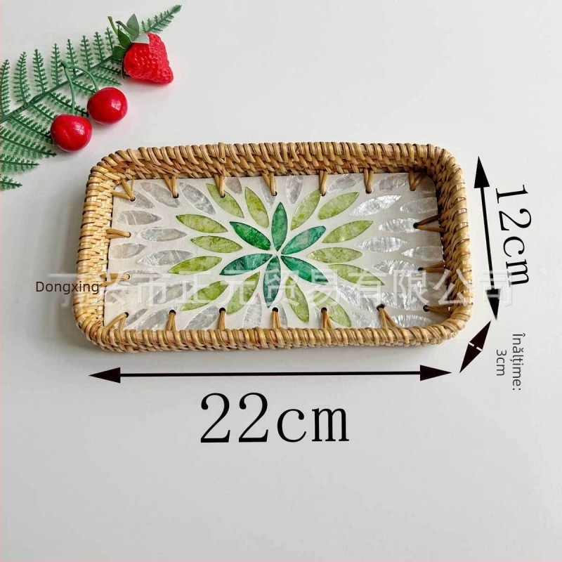 Farfurie de fructe vietnameză din ratan cu scoică, tavă mică dreptunghiulară, stil simplu, lux retro ușor
