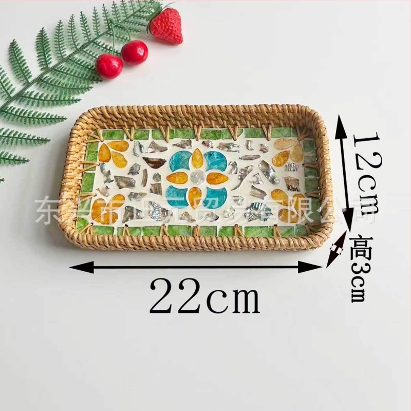 Farfurie de fructe vietnameză din ratan cu scoică, tavă mică dreptunghiulară, stil simplu, lux retro ușor