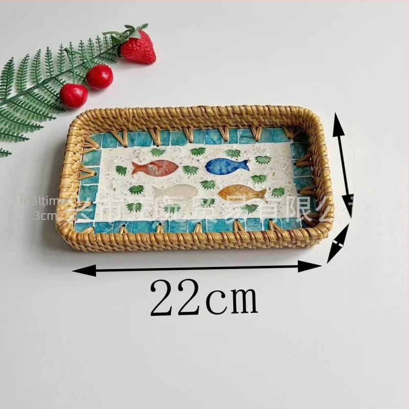 Farfurie de fructe vietnameză din ratan cu scoică, tavă mică dreptunghiulară, stil simplu, lux retro ușor