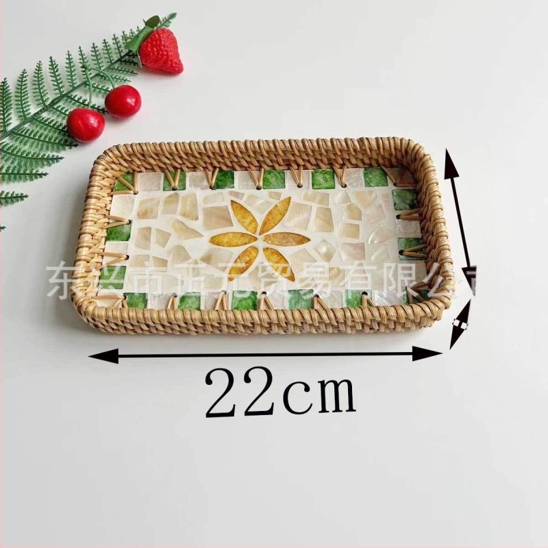 Farfurie de fructe vietnameză din ratan cu scoică, tavă mică dreptunghiulară, stil simplu, lux retro ușor