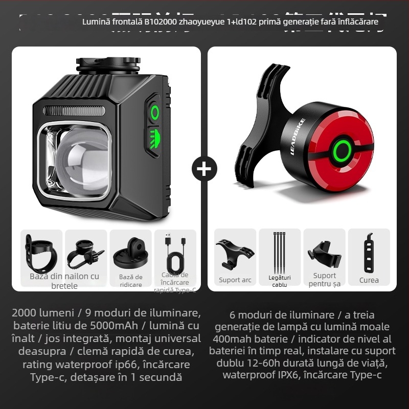 Lumină frontală pentru bicicletă, pentru drum și MTB, far de noapte cu computer de bicicletă integrat, baterie cu durată lungă