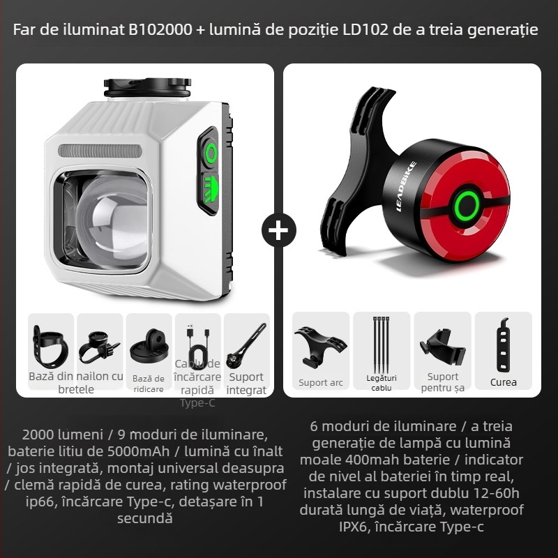 Lumină frontală pentru bicicletă, pentru drum și MTB, far de noapte cu computer de bicicletă integrat, baterie cu durată lungă