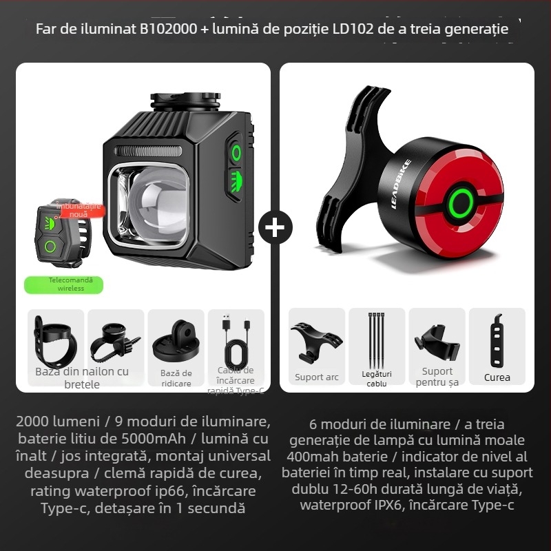Lumină frontală pentru bicicletă, pentru drum și MTB, far de noapte cu computer de bicicletă integrat, baterie cu durată lungă