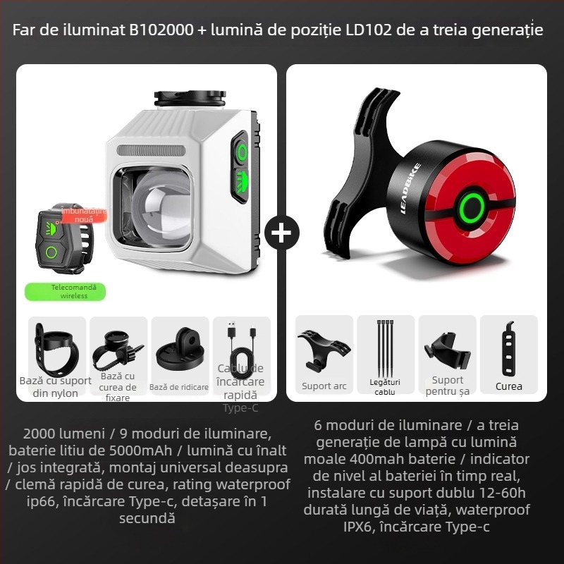 Lumină frontală pentru bicicletă, pentru drum și MTB, far de noapte cu computer de bicicletă integrat, baterie cu durată lungă