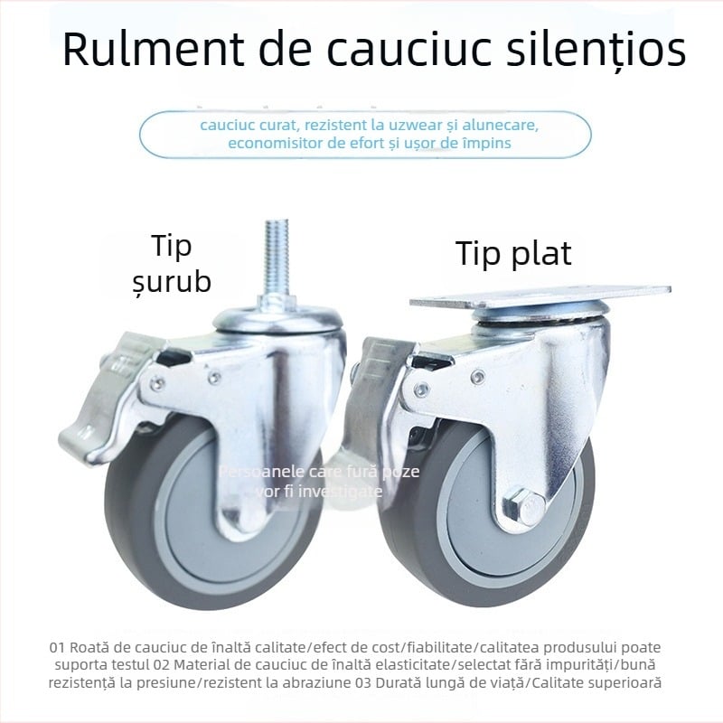 Roată universală cu placă plată, roată silențioasă pentru cărucioare, frână direcțională, cauciuc TPR