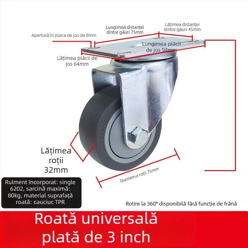 Roată universală cu placă plată, roată silențioasă pentru cărucioare, frână direcțională, cauciuc TPR