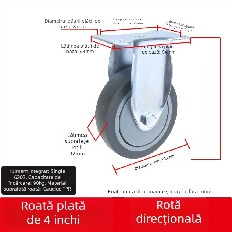 Roată universală cu placă plată, roată silențioasă pentru cărucioare, frână direcțională, cauciuc TPR