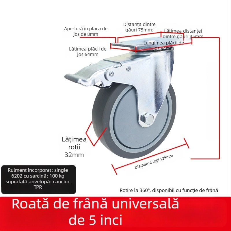 Roată universală cu placă plată, roată silențioasă pentru cărucioare, frână direcțională, cauciuc TPR