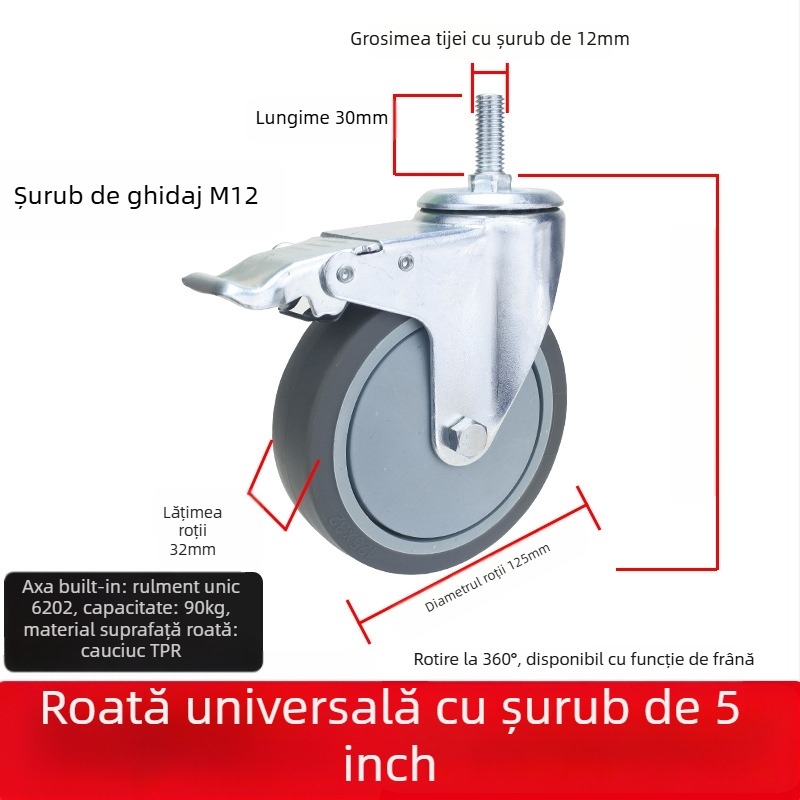 Roată universală cu placă plată, roată silențioasă pentru cărucioare, frână direcțională, cauciuc TPR