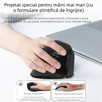 Mouse vertical ergonomic fără fir, cu încărcare, trei moduri Bluetooth/2.4G, 1600dpi, 6 butoane