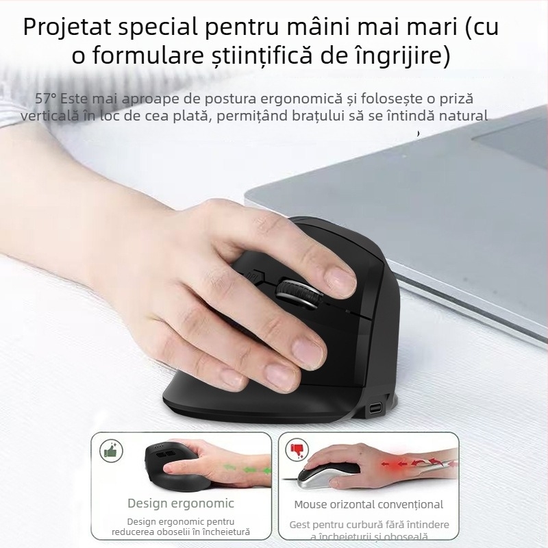 Mouse vertical ergonomic fără fir, cu încărcare, trei moduri Bluetooth/2.4G, 1600dpi, 6 butoane