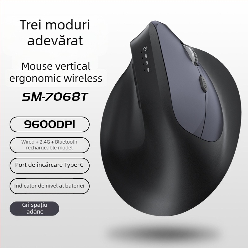 Mouse vertical ergonomic fără fir, cu încărcare, trei moduri Bluetooth/2.4G, 1600dpi, 6 butoane