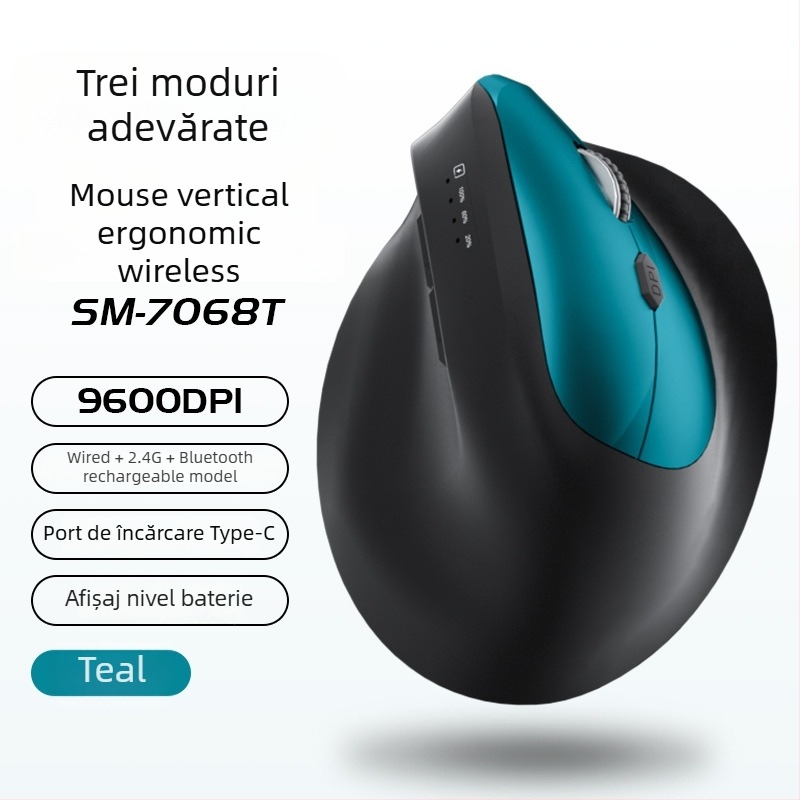 Mouse vertical ergonomic fără fir, cu încărcare, trei moduri Bluetooth/2.4G, 1600dpi, 6 butoane