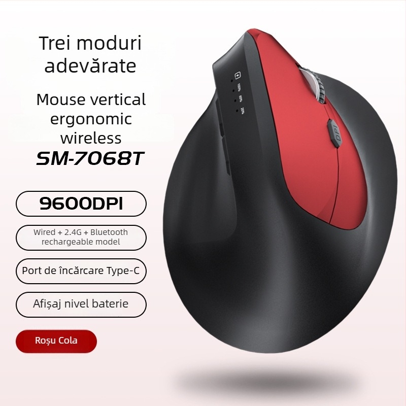 Mouse vertical ergonomic fără fir, cu încărcare, trei moduri Bluetooth/2.4G, 1600dpi, 6 butoane