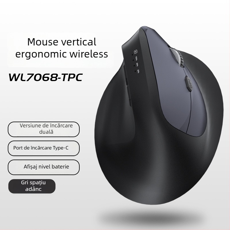Mouse vertical ergonomic fără fir, cu încărcare, trei moduri Bluetooth/2.4G, 1600dpi, 6 butoane