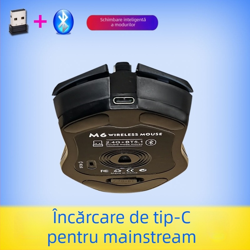 M6 mouse wireless Bluetooth 5.2, mod dual 2.4G/Bluetooth, încărcare USB-C, 2400dpi, 6 butoane, design ergonomic