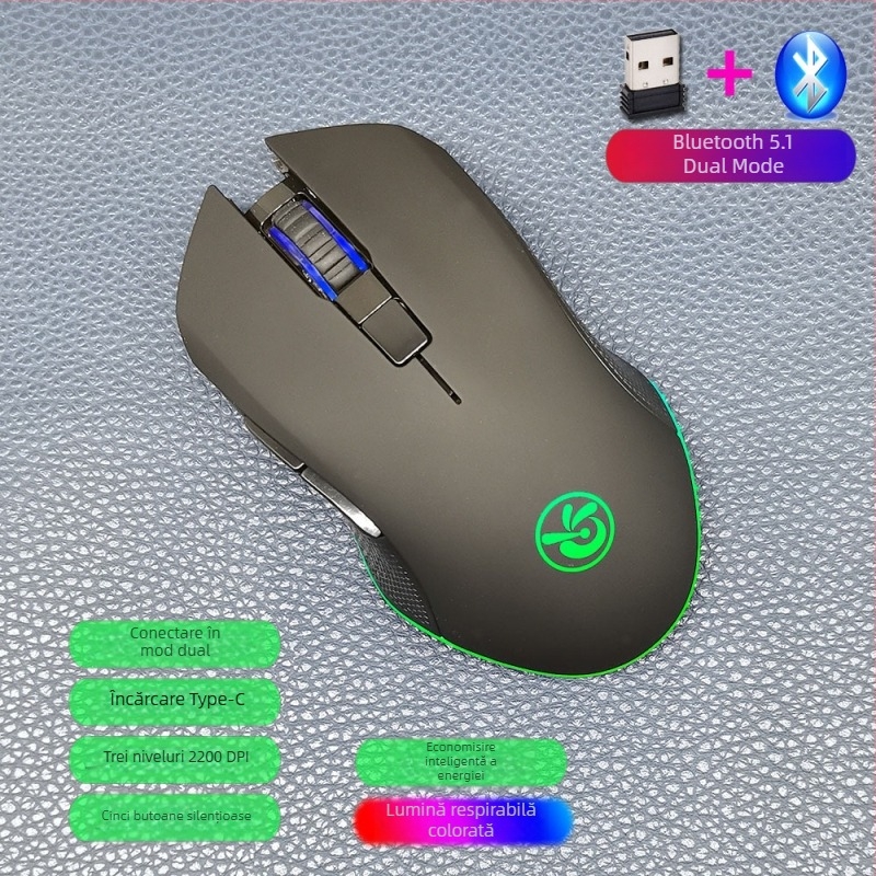 M6 mouse wireless Bluetooth 5.2, mod dual 2.4G/Bluetooth, încărcare USB-C, 2400dpi, 6 butoane, design ergonomic