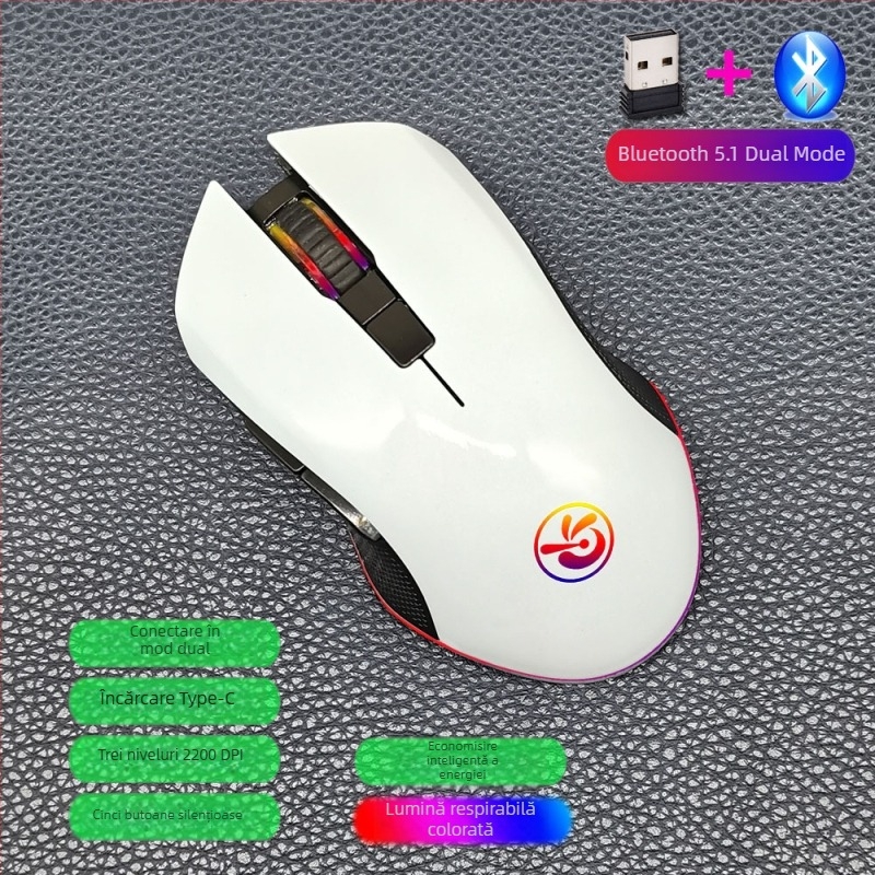 M6 mouse wireless Bluetooth 5.2, mod dual 2.4G/Bluetooth, încărcare USB-C, 2400dpi, 6 butoane, design ergonomic