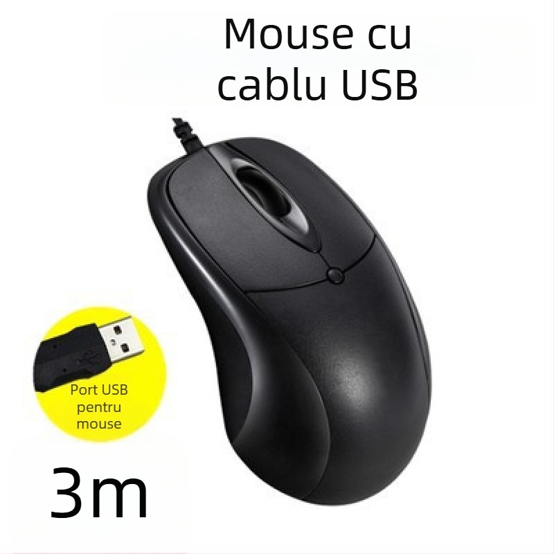 Mouse USB cu cablu lung, 2m/3m/5m, 3 butoane, senzor optic, pentru desktop/monitor TV