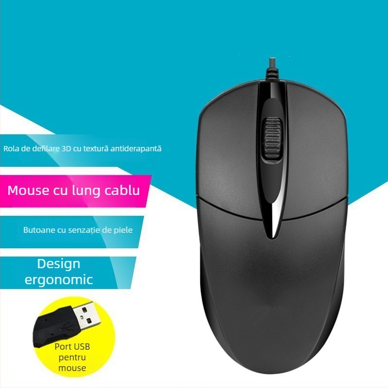 Mouse USB cu cablu lung, 2m/3m/5m, 3 butoane, senzor optic, pentru desktop/monitor TV