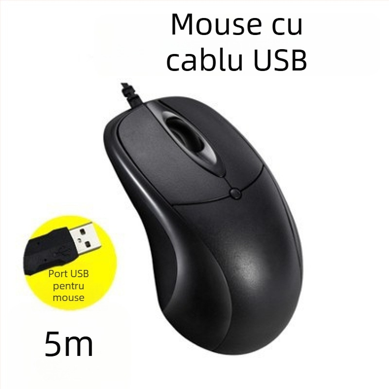 Mouse USB cu cablu lung, 2m/3m/5m, 3 butoane, senzor optic, pentru desktop/monitor TV