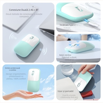 Mouse wireless cu conectivitate 2.4G+Bluetooth, DPI 1600, interfață USB, design ergonomic, rază de 10 m
