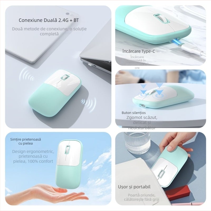 Mouse wireless cu conectivitate 2.4G+Bluetooth, DPI 1600, interfață USB, design ergonomic, rază de 10 m