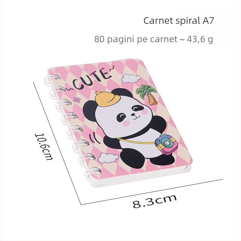 Caiet Panda cu spirală, model A7, 120 pagini, hârtie 44 g, brand Ieno, seria Panda