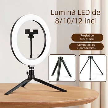 Lampa LED circulară cu suport de birou pentru streaming live și fotografie, temperatură de culoare reglabilă 2500K–9900K, dimensiuni 6–18 inch