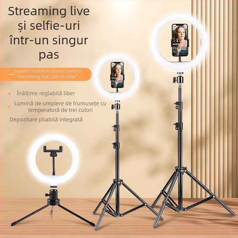 Lampa LED circulară cu suport de birou pentru streaming live și fotografie, temperatură de culoare reglabilă 2500K–9900K, dimensiuni 6–18 inch