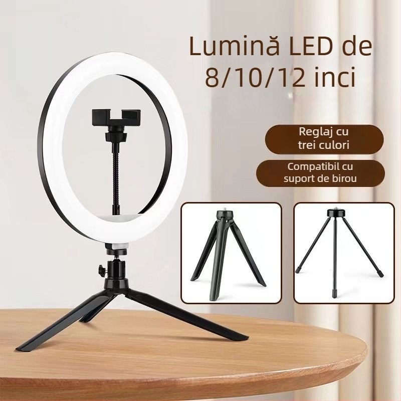 Lampa LED circulară cu suport de birou pentru streaming live și fotografie, temperatură de culoare reglabilă 2500K–9900K, dimensiuni 6–18 inch