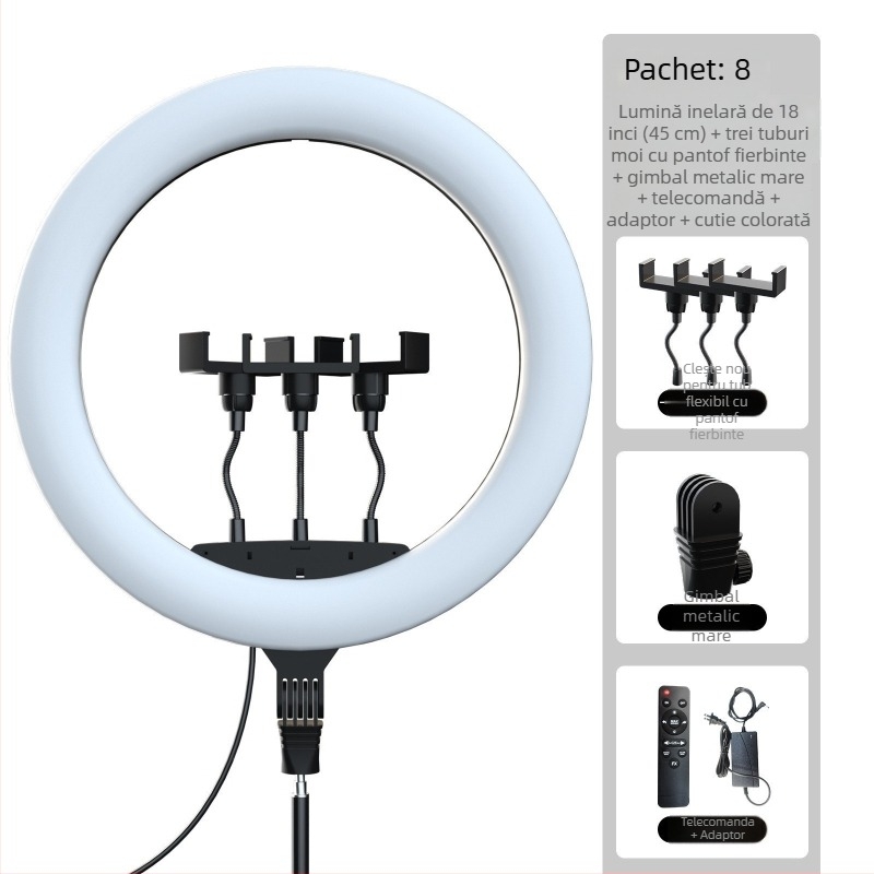 Lampa LED circulară cu suport de birou pentru streaming live și fotografie, temperatură de culoare reglabilă 2500K–9900K, dimensiuni 6–18 inch