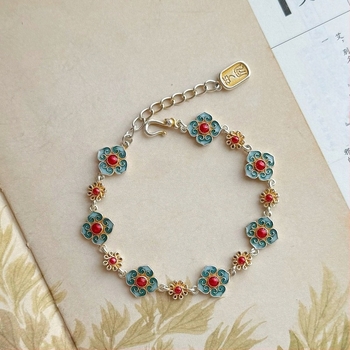 Brățară cu floare emailată, design cu patru foi, cupru alb placat cu argint, stil Nou Chinezesc, bijuterii pentru femei