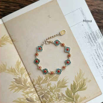 Brățară cu floare emailată, design cu patru foi, cupru alb placat cu argint, stil Nou Chinezesc, bijuterii pentru femei